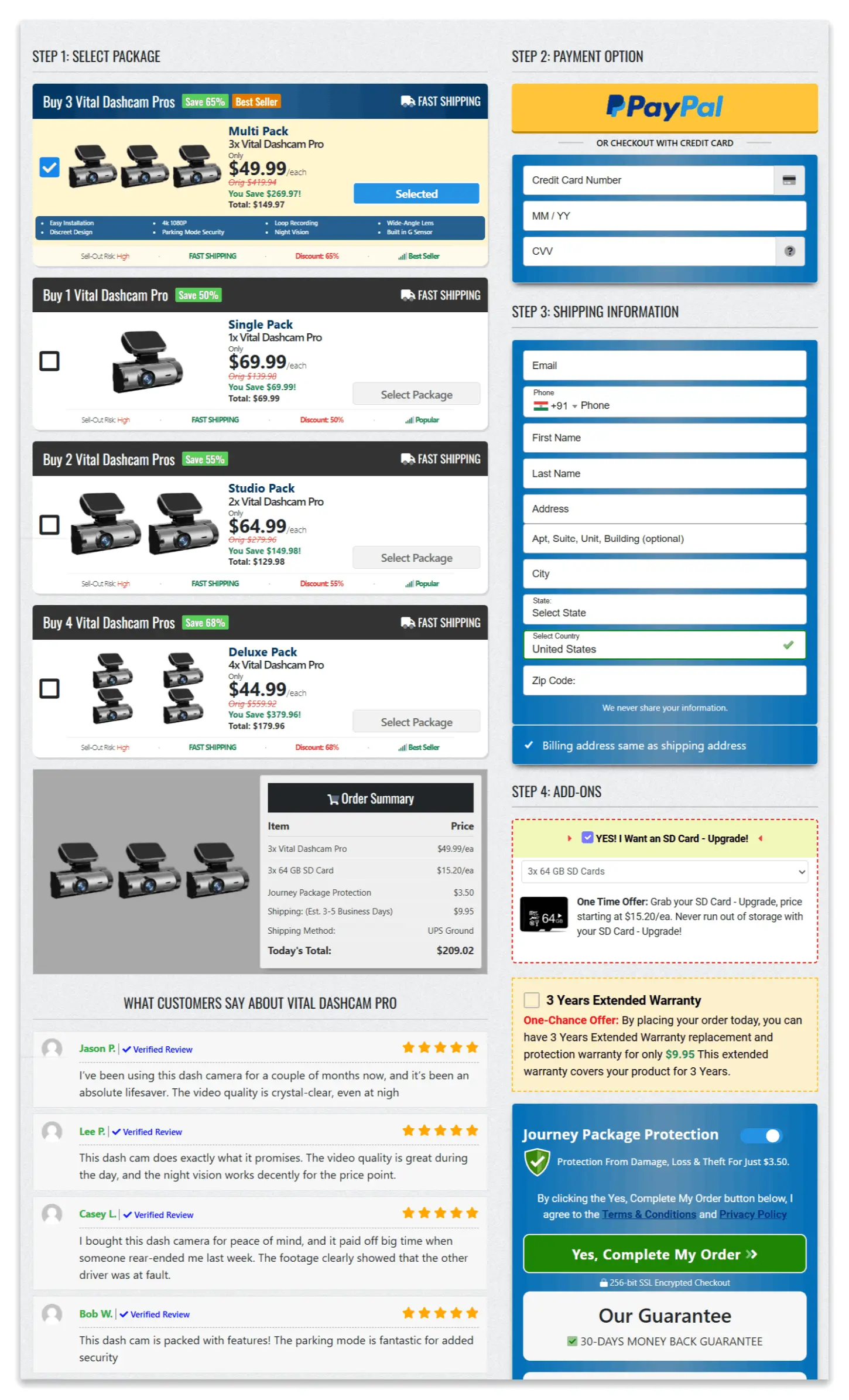Vital Dash Cam checkout page